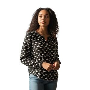 Swan Print Button Front Blouse Whimsical Parisian Long Sleeve Top Sz S